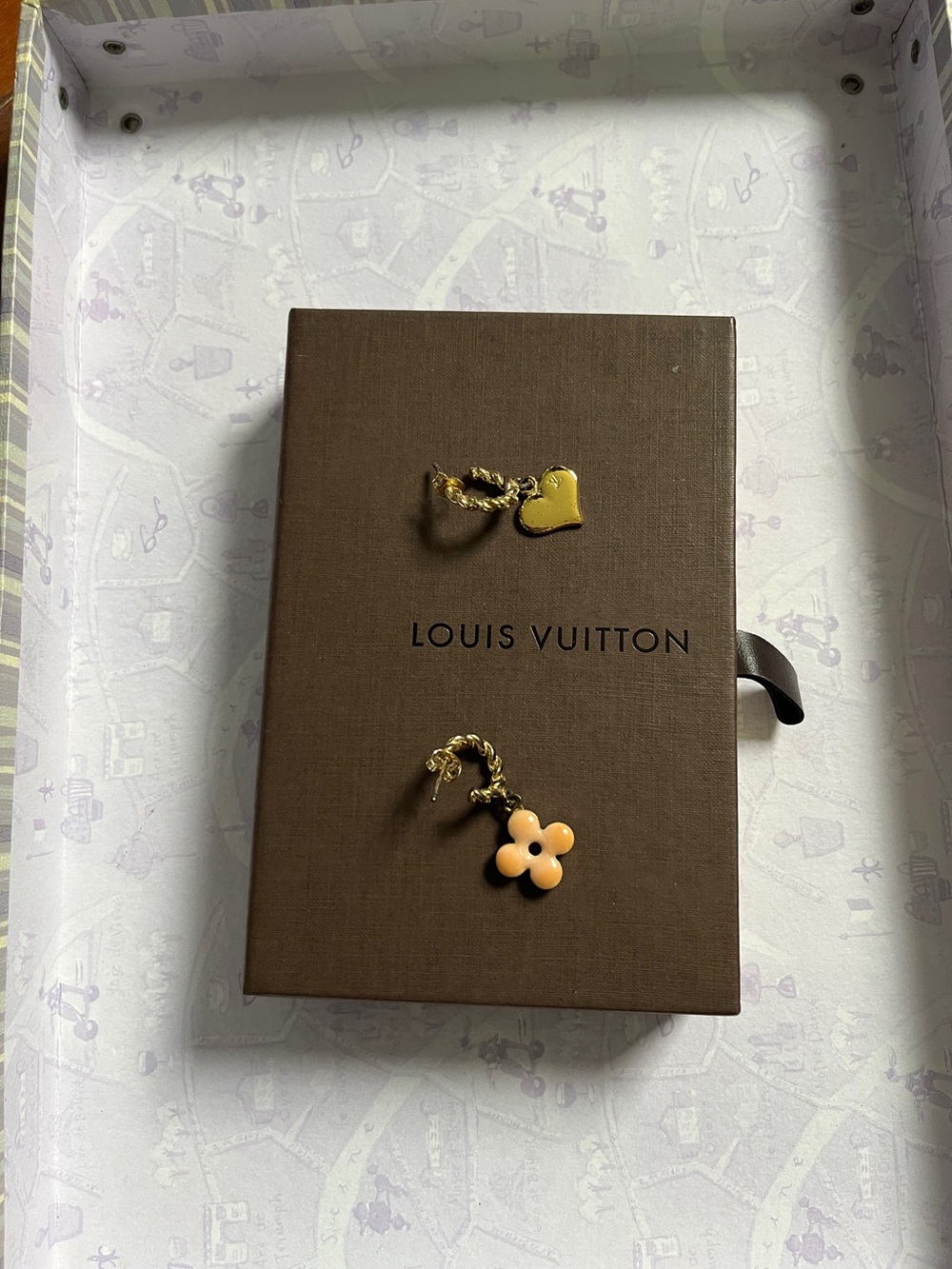 Louis Vuitton Gold Heart and Peach Flower Charm Pair